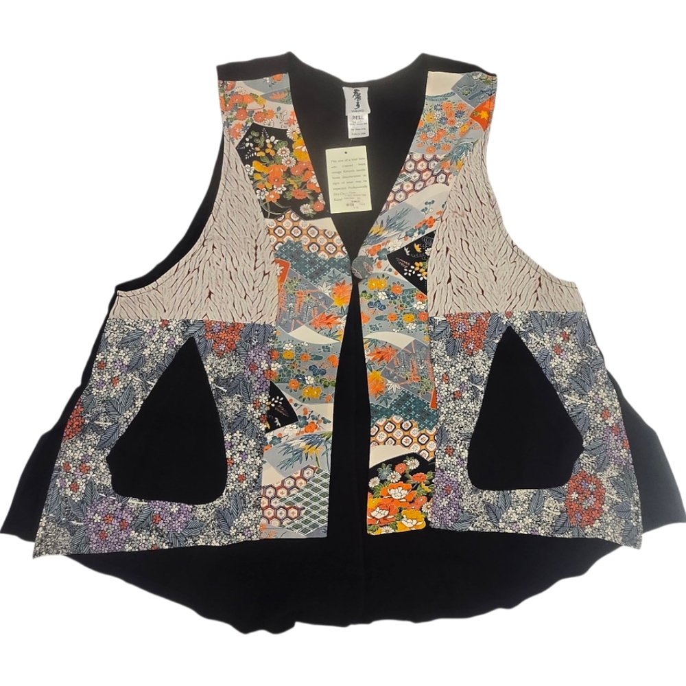 NWT Yasuko 100% Kimono Silk Vest Asian Japanese Artsy Women's SZ M/L